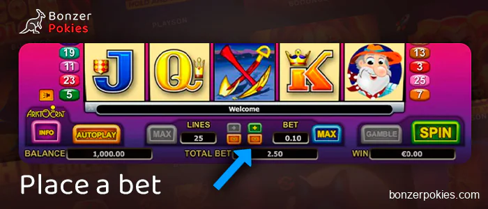 Set the AUD bet amount in Where's the Gold pokie